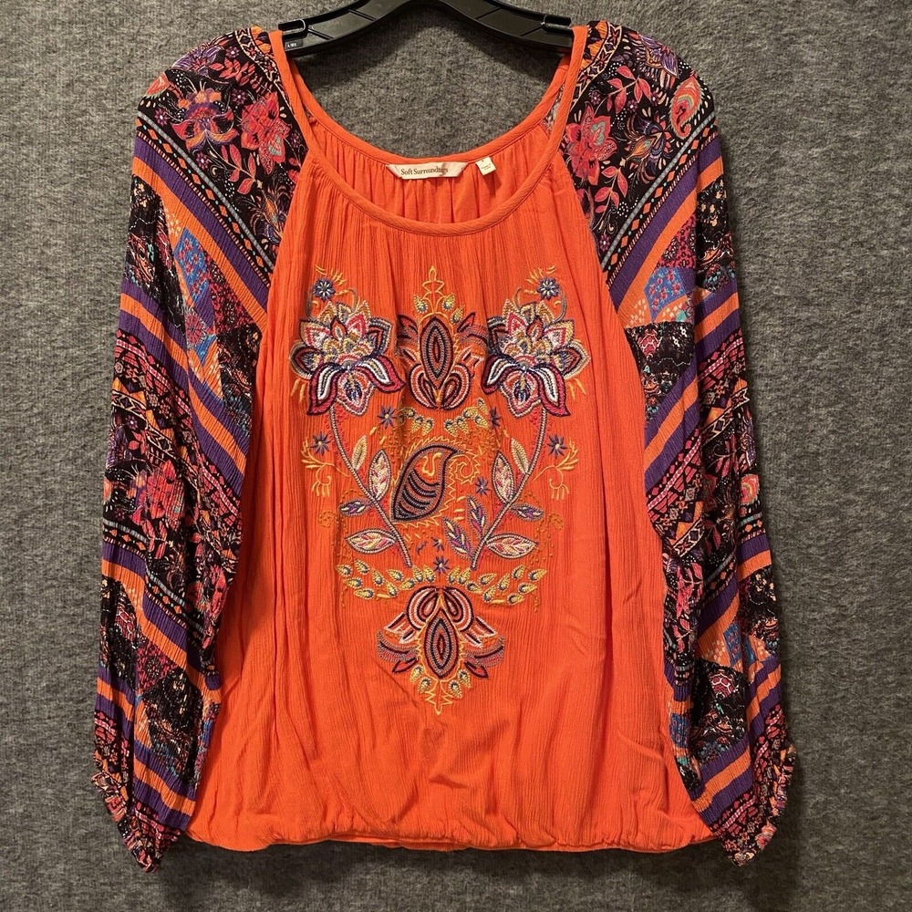 Soft Surroundings Orange Embroidered Peasant Blouse with Patterned Sleeves